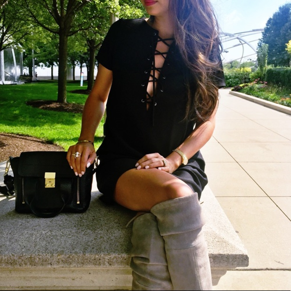 Romeo & Juliet Couture Lace Up Plunge Neck Mini Shirt Dress Black Cocktail Punk